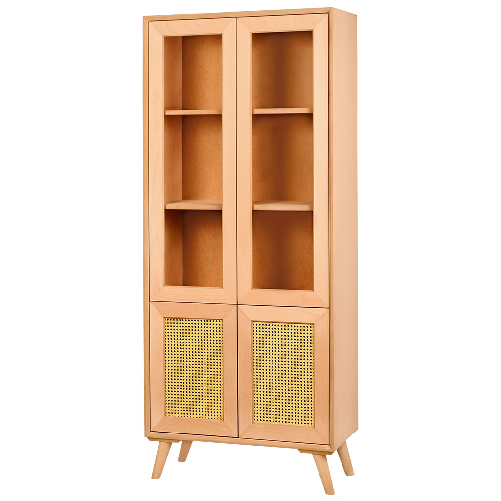 Holzbibliothek mit Rattan