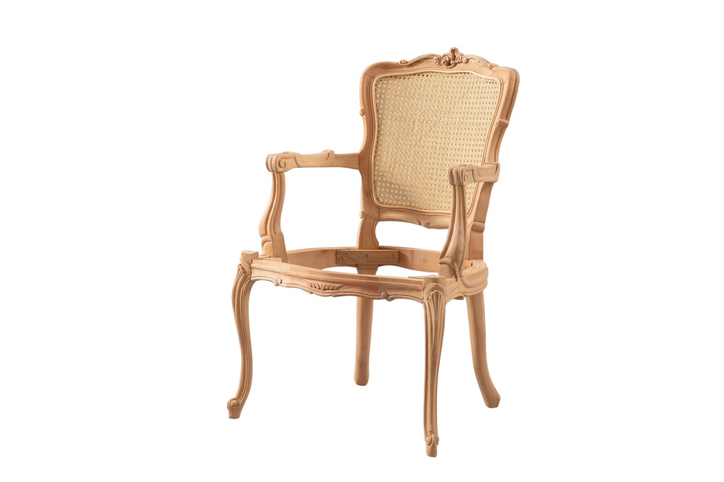 Skeleton wooden armchair with rattan and sculpture