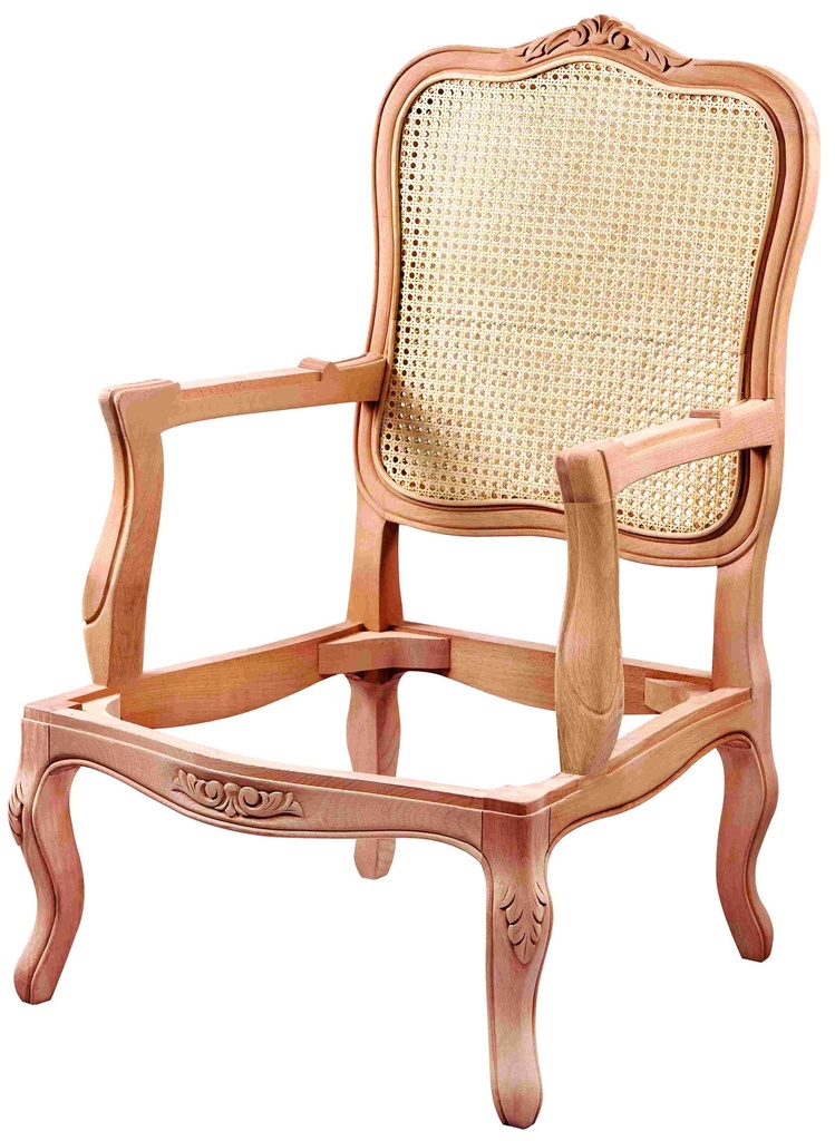 Skeleton wooden armchair with rattan and sculpture