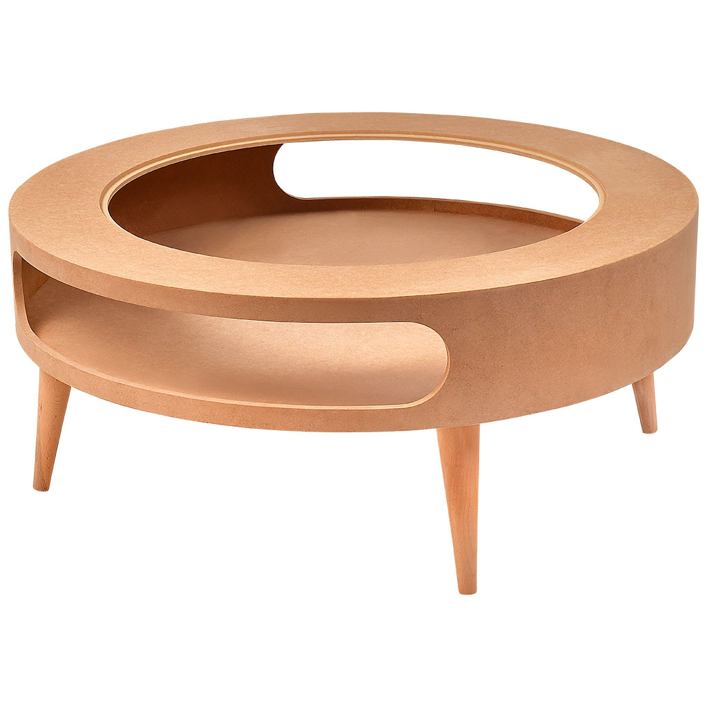 The rounded wooden coffee table and MDF