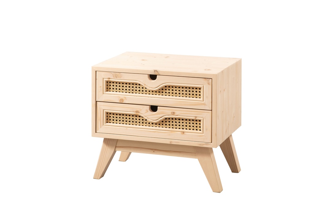 The wooden bedside table with rattan