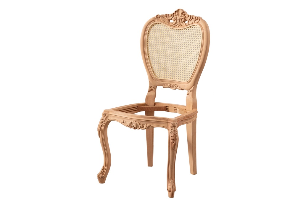 Chaise en bois squelette avec rotin et sculpture