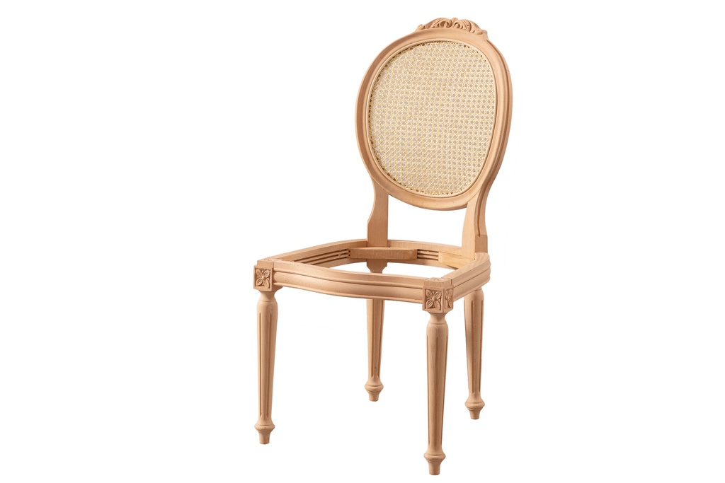 Chaise en bois squelette avec rotin et sculpture