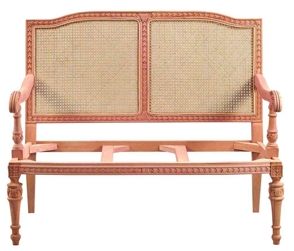 Skeleton wooden sofa with rattan and sculpture