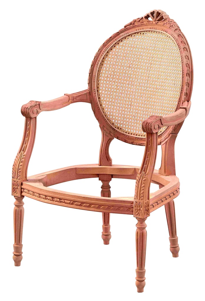 Skeleton wooden armchair with rattan and sculpture