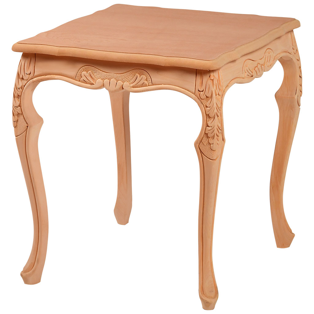 Square wooden table with sculpture