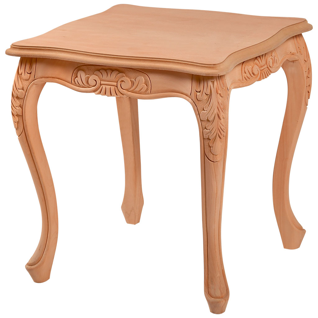 Square wooden table with sculpture