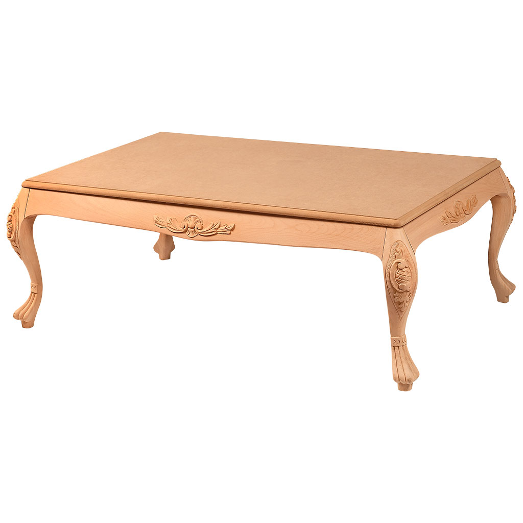 The wooden rectangular coffee table with sculpture