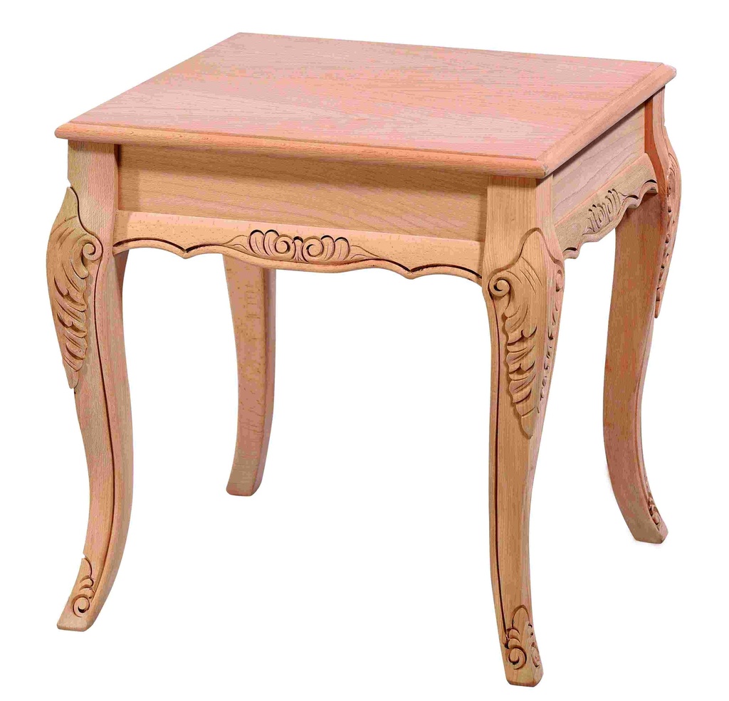 Square wooden table with sculpture