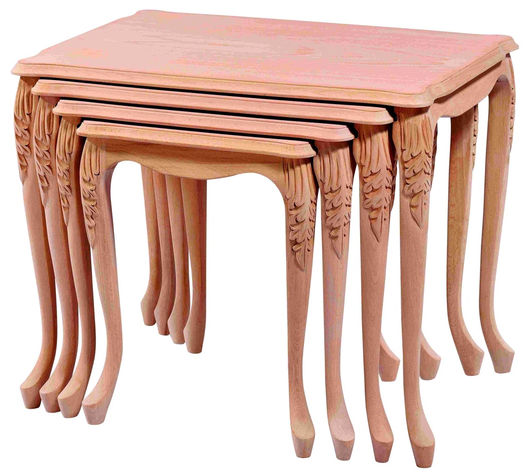 Set of wooden tables with sculpture