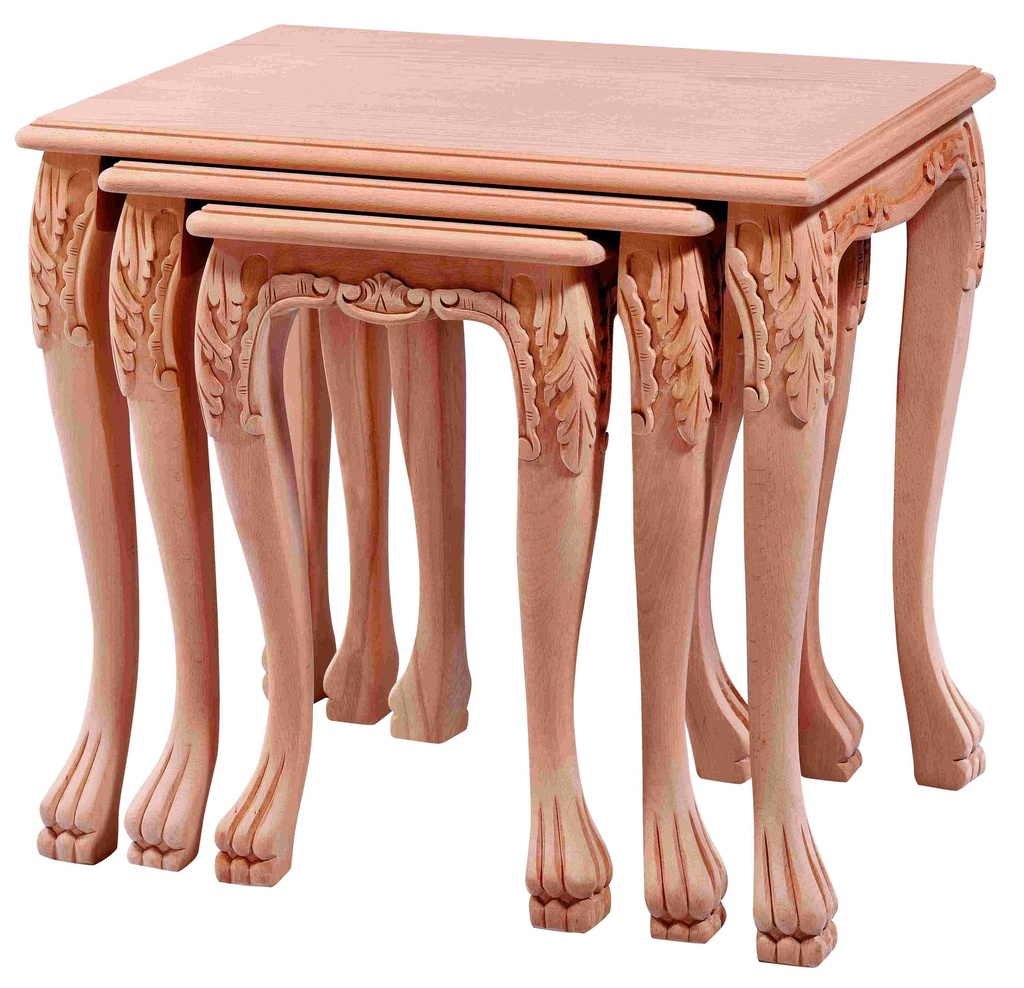 Set of wooden tables with sculpture