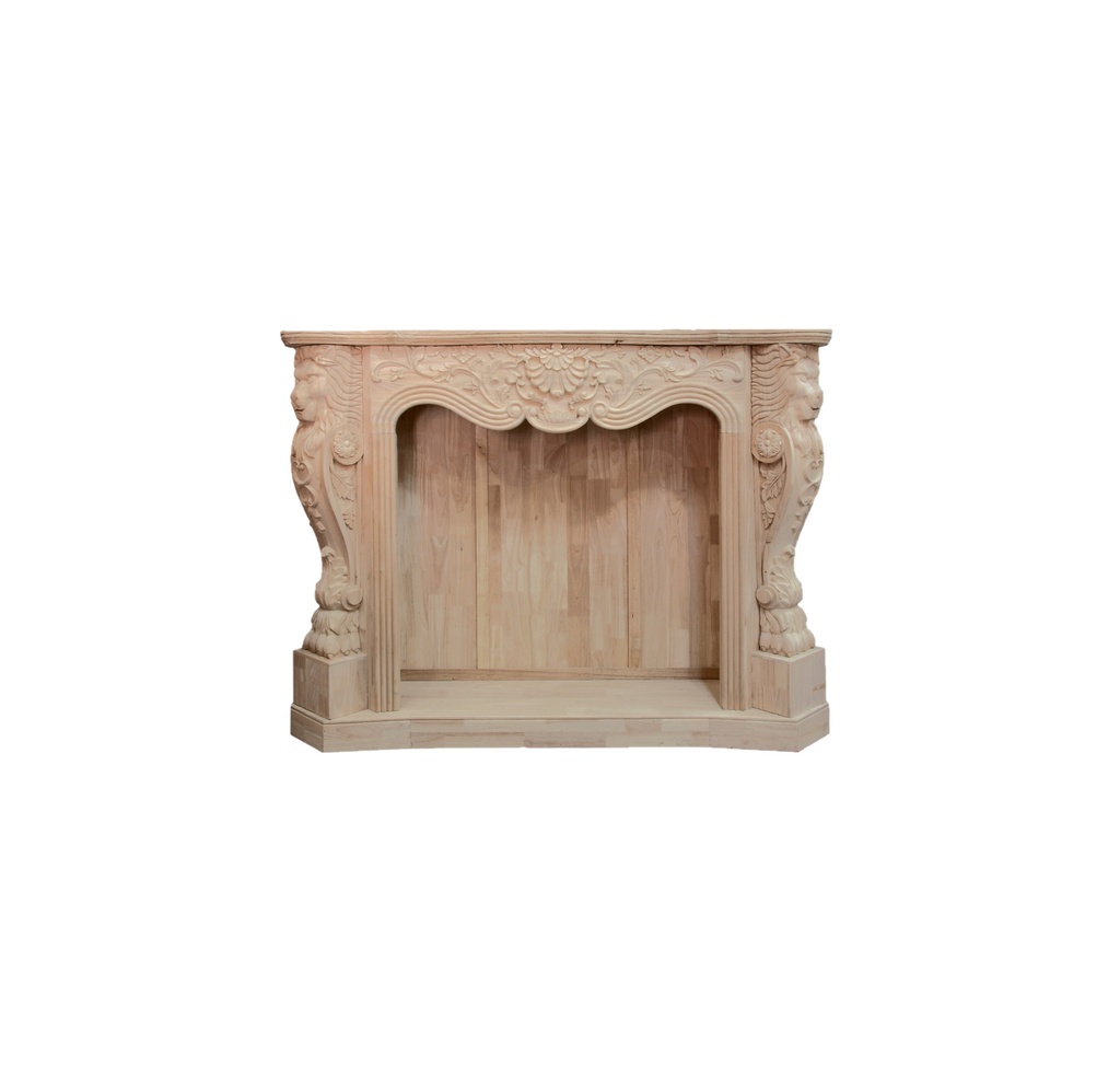 Wooden fireplace with sculpture