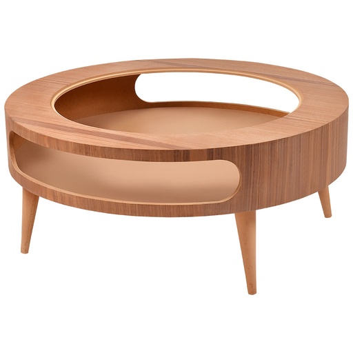 [5464C] Table basse ronde en bois et mdf avec placage de noix